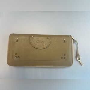 Chloé Taupe Pebbled Leather Zip-Around Wallet with Stud Accents